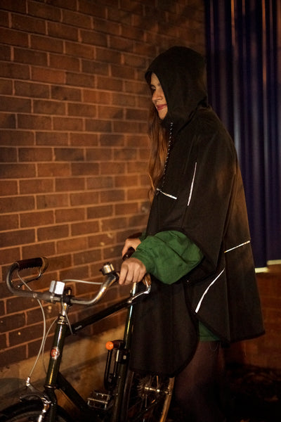 Emma by night Reflective waterproof rain cycling cape poncho wax cotton Bramble and Mr TWIGG